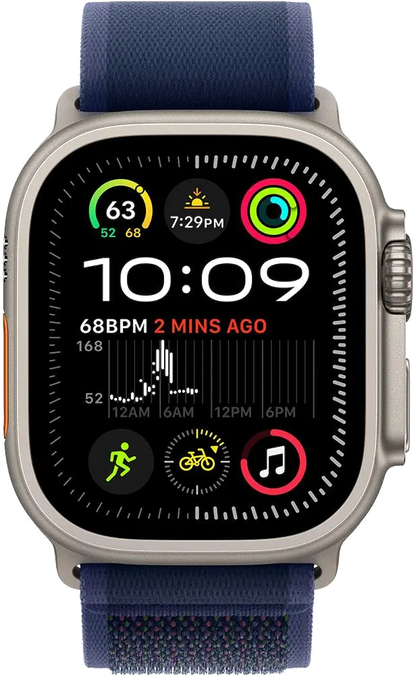 Apple MX4J3WB/A Watch Ultra2 v2 Cellular 49mm Natural Titanium Case with Blue Trail Loop S/M, 195949582301