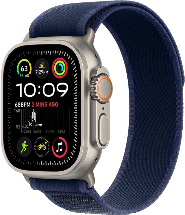 Apple MX4J3WB/A Watch Ultra2 v2 Cellular 49mm Natural Titanium Case with Blue Trail Loop S/M, 195949582301