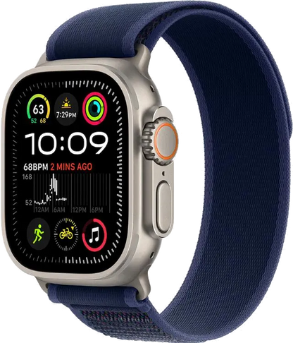 Apple MX4J3WB/A Watch Ultra2 v2 Cellular 49mm Natural Titanium Case with Blue Trail Loop S/M, 195949582301