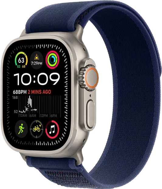 Apple MX4J3WB/A Watch Ultra2 v2 Cellular 49mm Natural Titanium Case with Blue Trail Loop S/M, 195949582301
