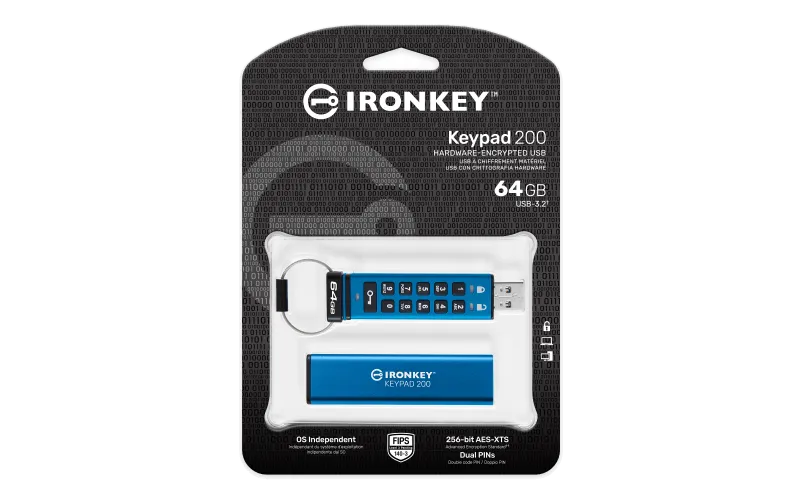 Kingston IKKP200/64GB IronKey Keypad 200, USB-A Flash Drive 64GB, AES-256 Encrypted, 740617330076