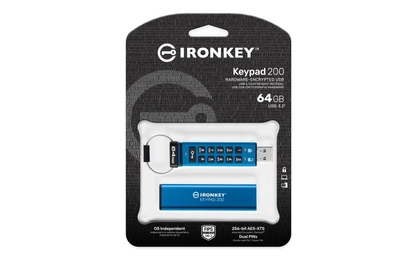 Kingston IKKP200/64GB IronKey Keypad 200, USB-A Flash Drive 64GB, AES-256 Encrypted, 740617330076