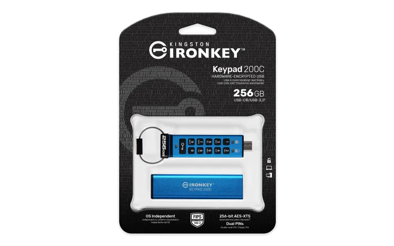 Kingston IKKP200C/256GB IronKey Keypad 200, USB-C Flash Drive 256GB, AES-256 Encrypted, 740617336603