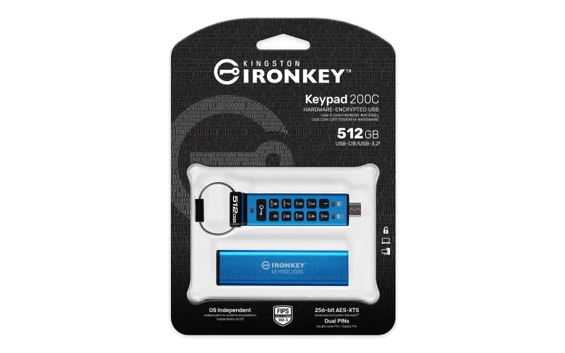 Kingston IKKP200C/512GB IronKey Keypad 200, USB-C Flash Drive 512GB, AES-256 Encrypted, 740617336597