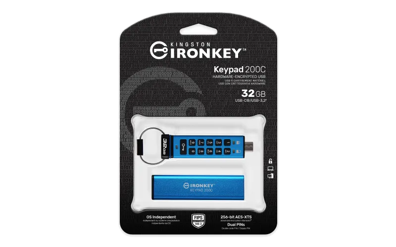 Kingston IKKP200C/32GB IronKey Keypad 200, USB-C Flash Drive 32GB, AES-256 Encrypted, 740617336634