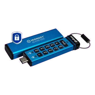 Kingston IKKP200C/64GB IronKey Keypad 200, USB-C Flash Drive 64GB, AES-256 Encrypted, 740617336627