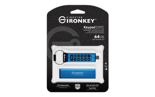 Kingston IKKP200C/64GB IronKey Keypad 200, USB-C Flash Drive 64GB, AES-256 Encrypted, 740617336627