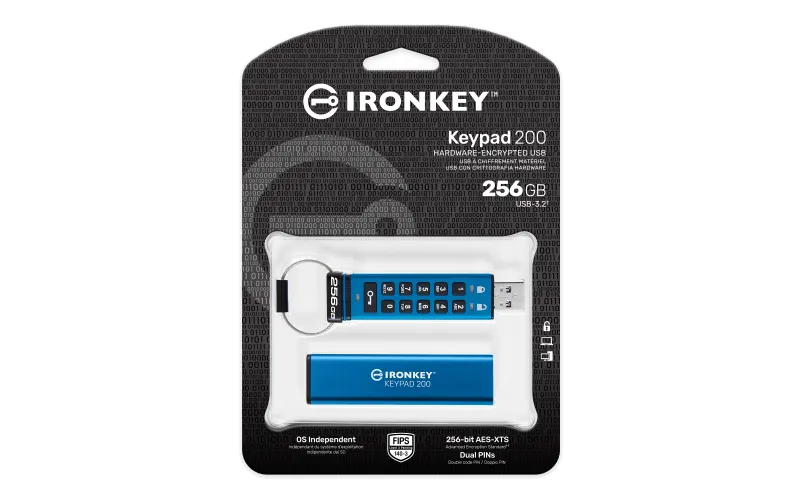 Kingston IKKP200/256GB IronKey Keypad 200, USB-A Flash Drive 256GB, AES-256 Encrypted, 740617338904