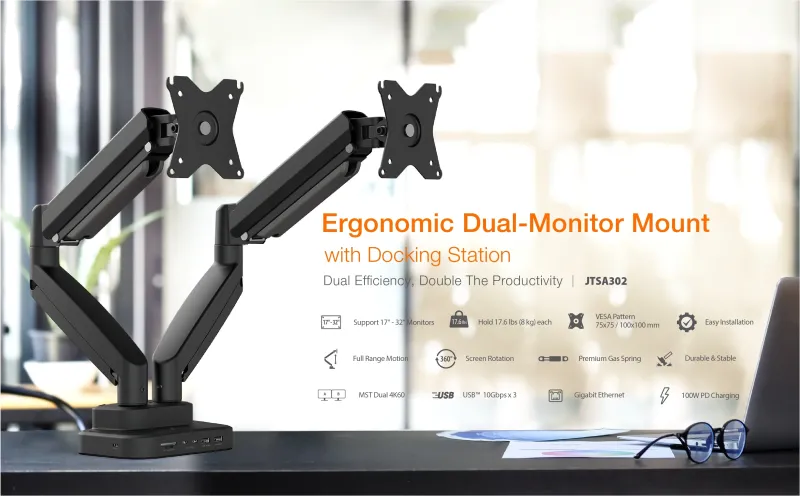 j5create JTSA302-N ERErgonomic dual monitor mount with Dock, 4712795088298