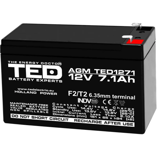 Ted Electric A0060539 Ted Electric Acumulator VRLA, 12V, 7.1Ah, Dimensiuni 151 x 65 x 95 mm, Terminal F2 5949258003225