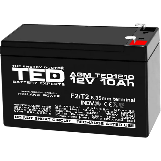 Ted Electric BA086251 Ted Electric Acumulator VRLA, 12V, 10Ah, Dimensiuni 151 x 65 x 95 mm, Terminal F2 5949258002730