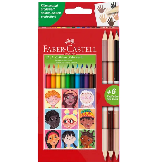 Faber-Castell 511514 Children of the World Creioane colorate 12 + 3 creioane bicolore culorile pielii, 4005405115140