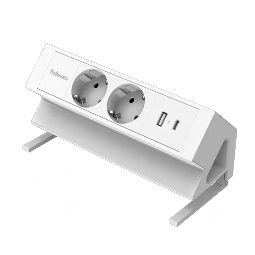 Fellowes 100137183 Prelungitor cu prindere pe birou Power Desk 2 alb 2x Schucko USB-A si USB-C 2m