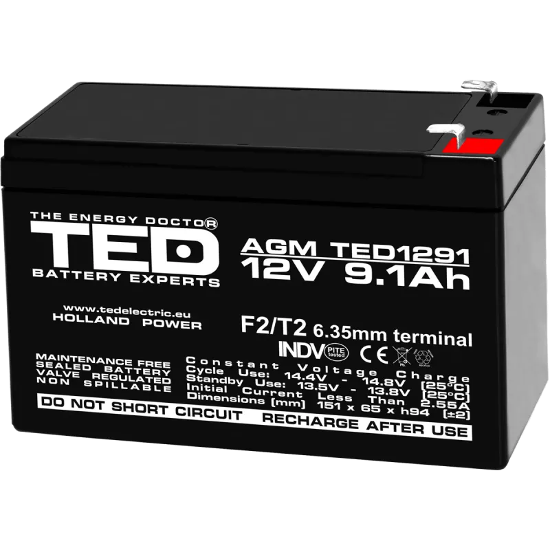 Ted Electric AC.TD.12VF2.BK1.9.1.0001 Ted Electric Acumulator AGM VRLA 12V 9,1Ah Dimensiuni 151 x 65 x 94 mm Terminal F2 5949258003263