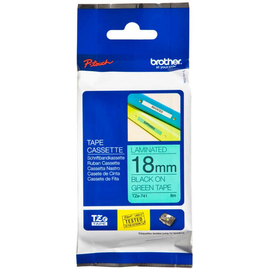 Brother TZE741 TZE-741 Banda laminata negru pe verde, 18mm/8m, 4977766691970