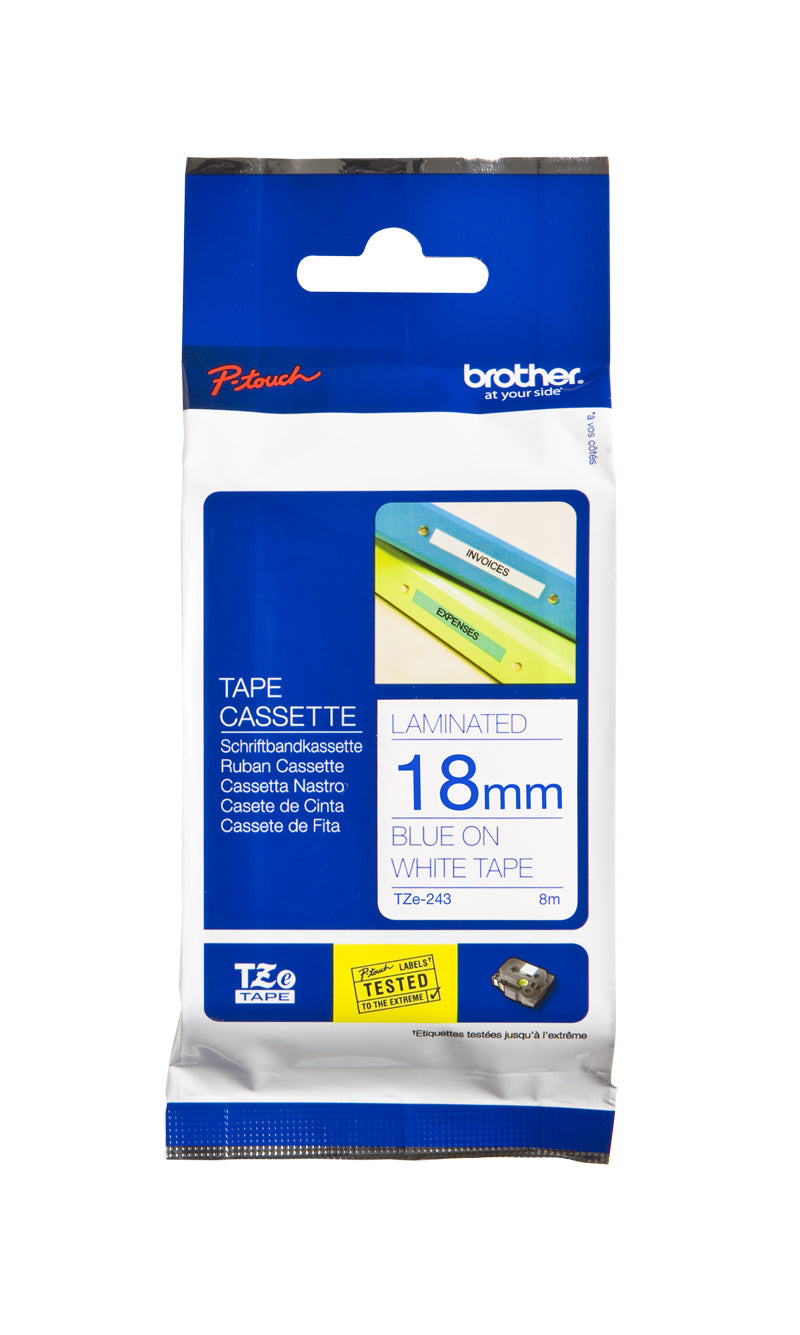 Brother TZE243 TZE-243 Banda laminata albastru pe alb, 18mm/8m, 4977766685382