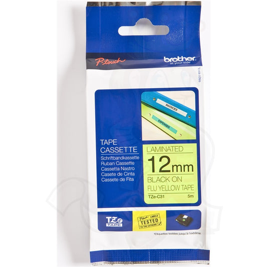 Brother TZEC31 TZE-C31 Banda laminata negru pe galben fluorescent, 12mm/5m, 4977766691659 4977766695626