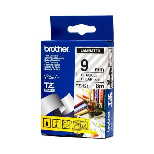 Brother TZE121 TZE-121 Banda laminata negru pe transparent, 9mm/8m, 4977766684781