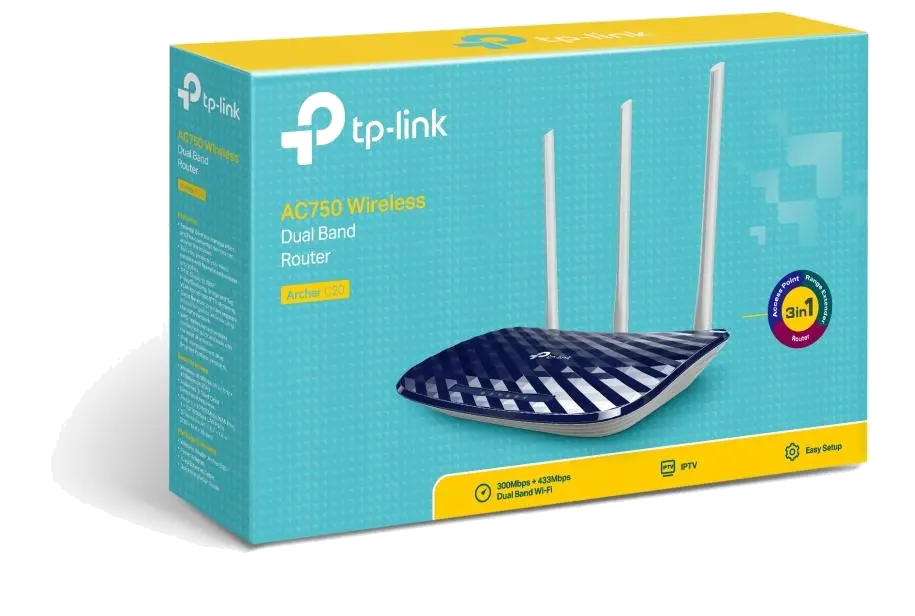 TP-Link ARCHER C20 Archer C20 Router Wireless AC750 Dual-band, 300/433Mbps, 4 porturi 10/100 Mbps, 6935364091606