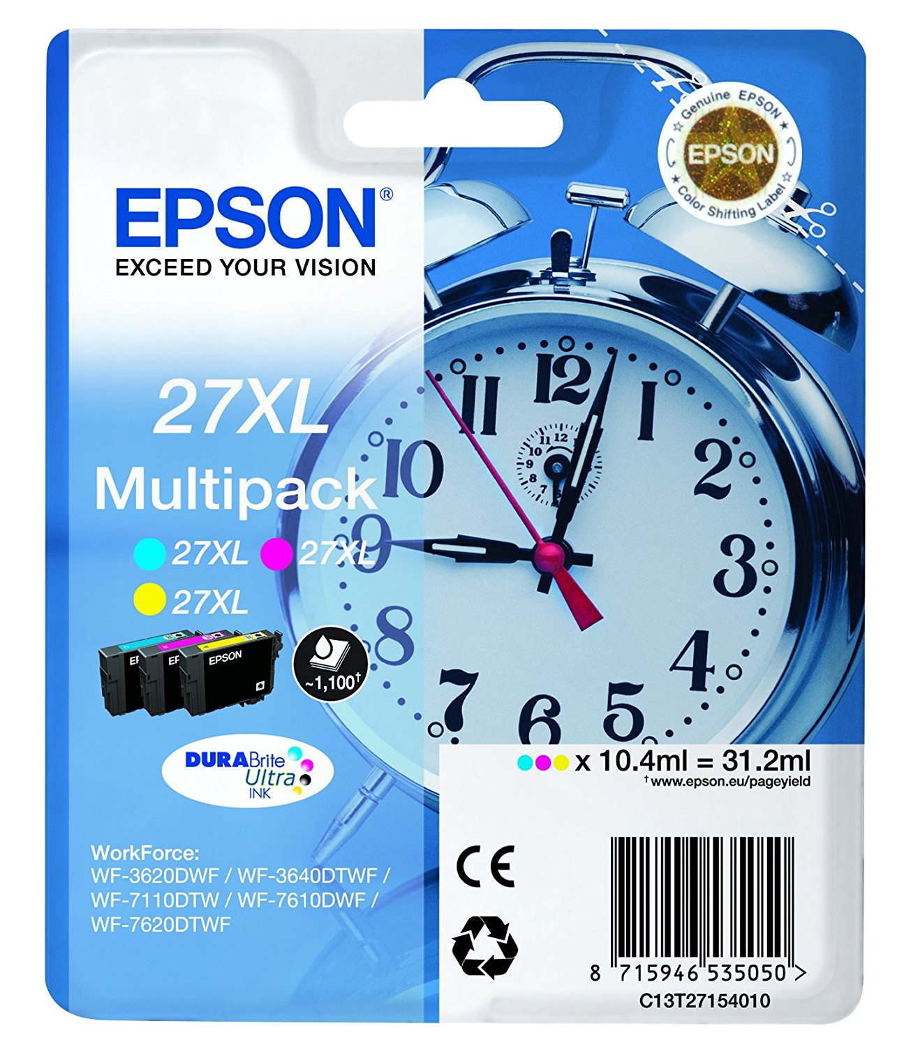 Epson C13T27154012 No. 27XL combo-pack cyan, magenta and yellow high capacity 3 x 1100 pag, 8715946625928