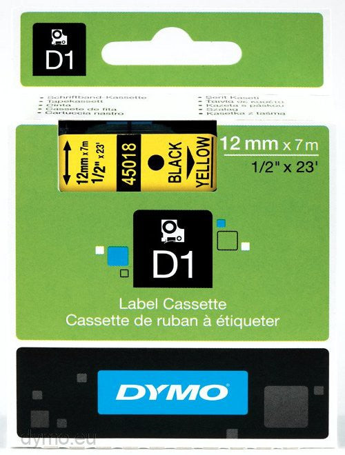 DYMO S0720580 D1 Standard Tape 12mm x 7m, Black on Yellow, 5411313450188