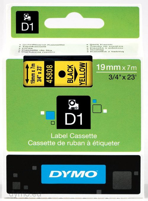 DYMO S0720880 D1 Standard Tape 19mm x 7m, Black on Yellow, 5411313452182