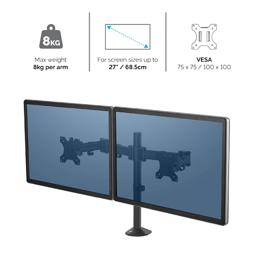 Fellowes 8502601 Reflex Dual Monitor Arm brat monitor dublu maxim 2 x 27inch si 8 Kg, 50043859748483 043859748488