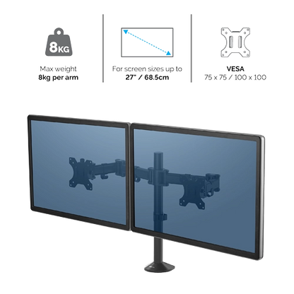 Fellowes 8502601 Reflex Dual Monitor Arm brat monitor dublu maxim 2 x 27inch si 8 Kg, 50043859748483 043859748488