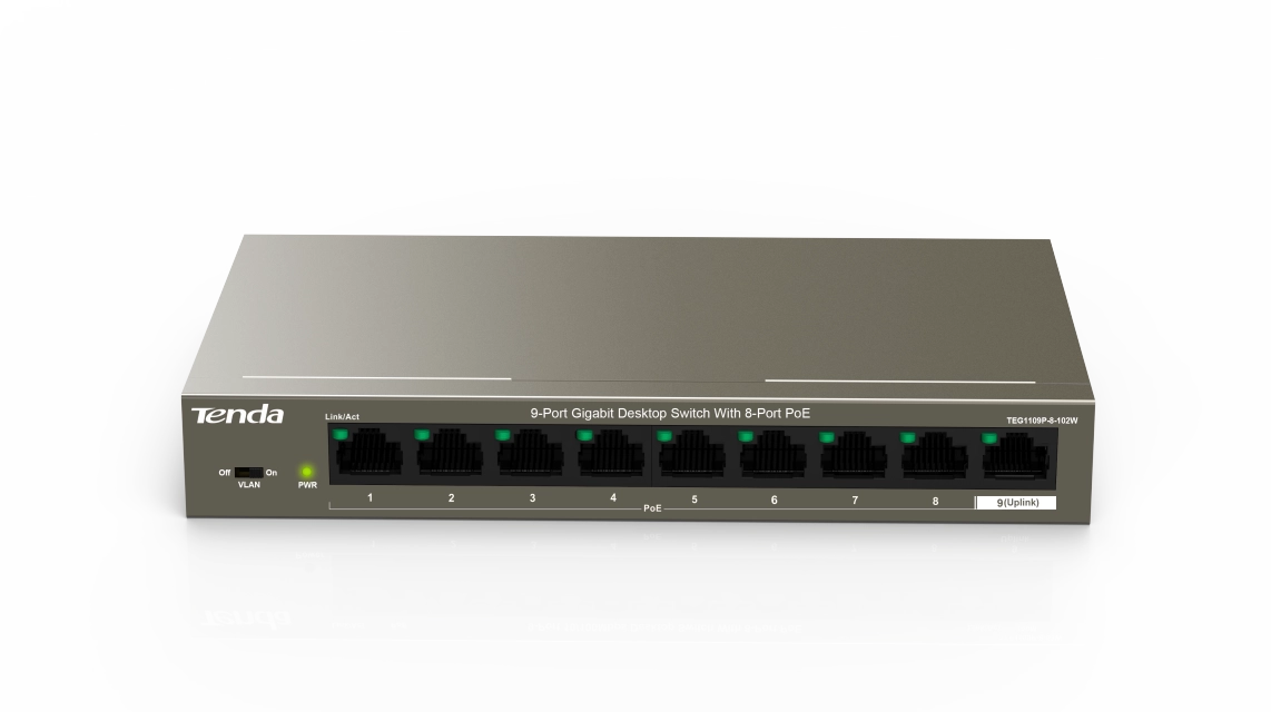 Tenda TEG1109P-8-102W Switch desktop 9 porturi Gigabit, cu 8 porturi PoE, 6932849431506