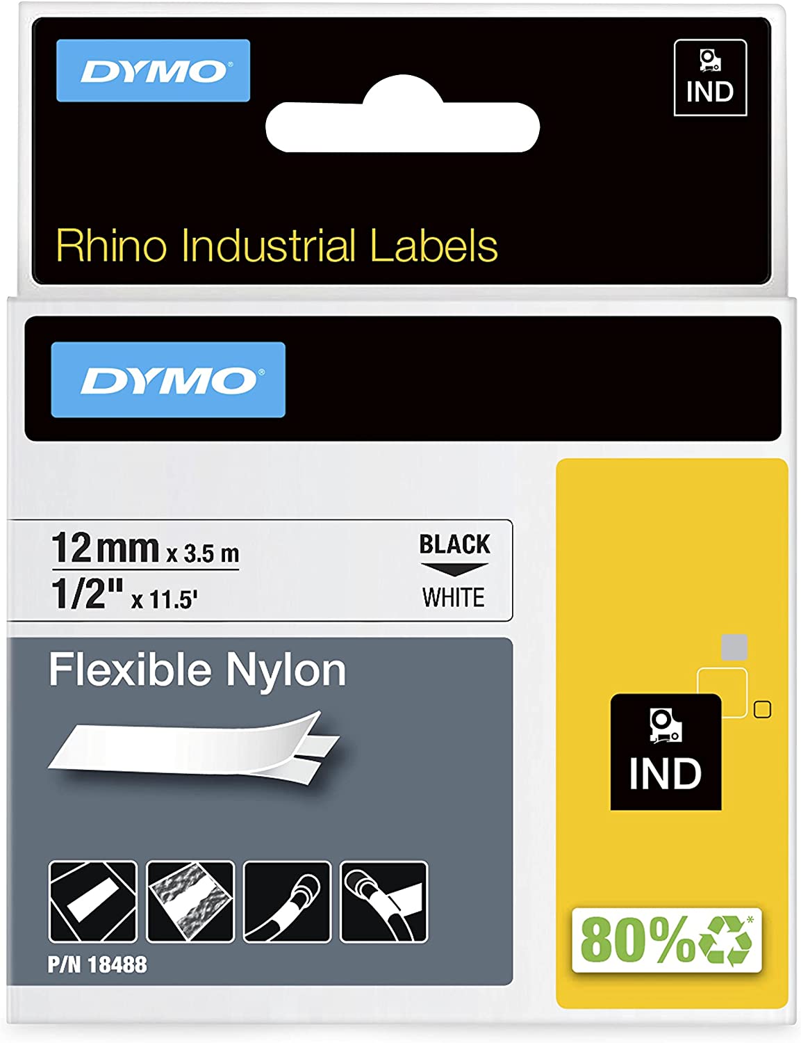 DYMO 18488 RHINO 18488 flexible nylon tape black on white 12mm, 3.5m, 71701184887 071701184887