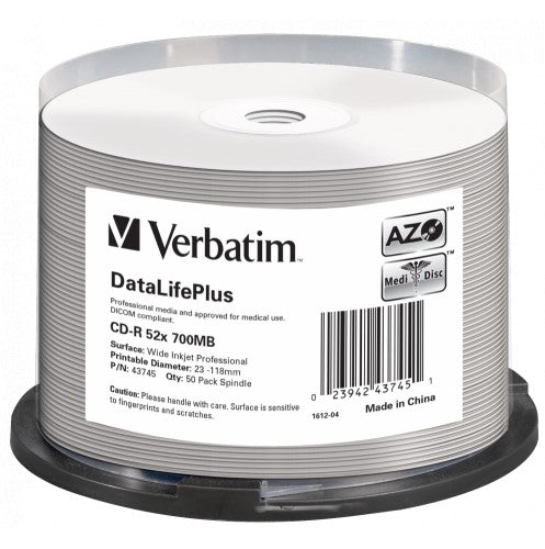 Verbatim 43745 CD-R AZO DL+ 700MB 52X, white, WIDE PRINTABLE SURFACE NON-ID, 23942437451 023942437451
