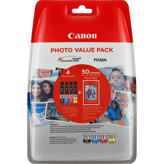 Canon 6508B005 Value Pack CLI-551 Blister 4x6 Phot Paper PP-201 50sheets + CMY+PBK, 8714574631004