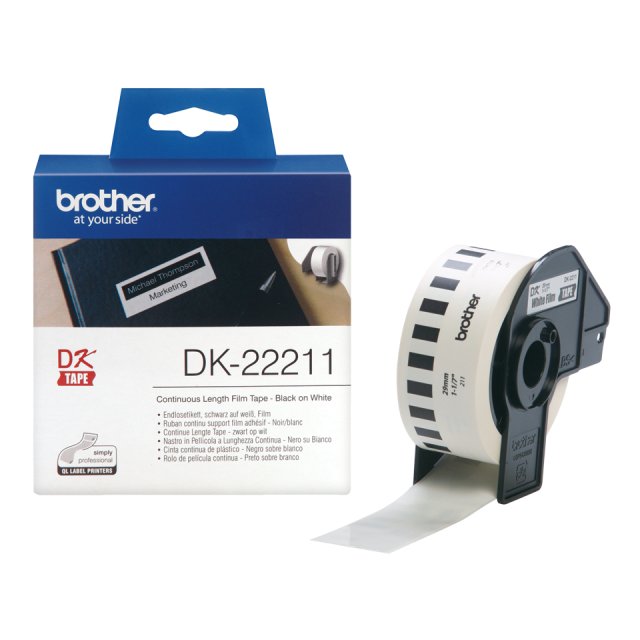 Brother DK22211 DK-22211 Banda continua laminata 29 mm x 15,24 m, negru/alb, 4977766628204