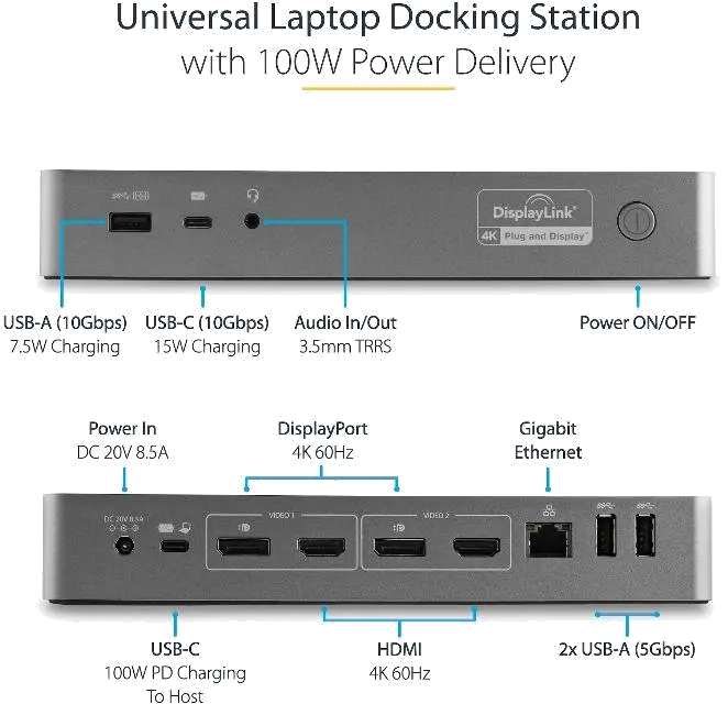 StarTech DK30C2DPEPUE Hybrid Universal Laptop Docking Station with 100W Power Delivery, 065030879989