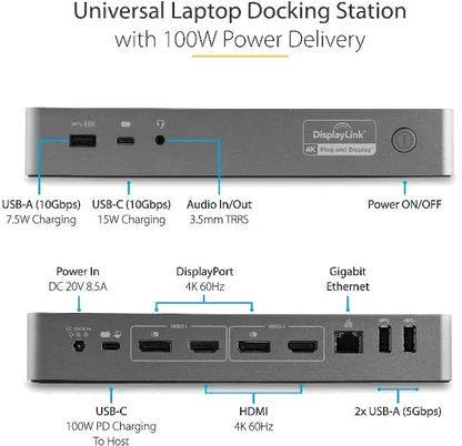 StarTech DK30C2DPEPUE Hybrid Universal Laptop Docking Station with 100W Power Delivery, 065030879989