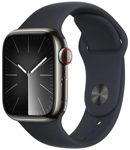 Apple MRJ83QP/A Apple Watch S9 Cellular 41mm Graphite Stainless Steel Case w Midnight Sport Band, 195949023514