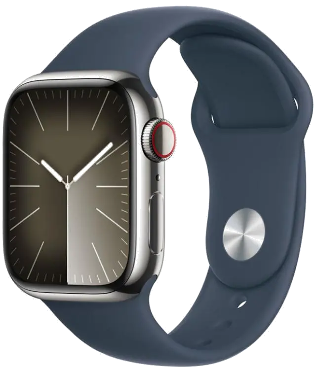 Apple MRMP3QP/A Apple Watch S9 Cellular 45mm Silver Stainless Steel Case w Storm Blue Sport Band, 195949025396