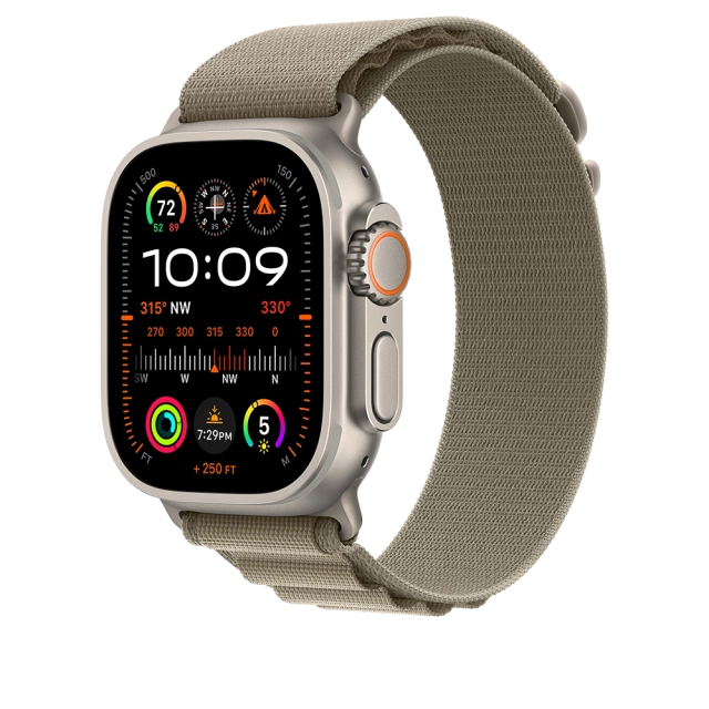 Apple MREX3WB/A Apple Watch Ultra2 Cellular, 49mm Titanium Case w Olive Alpine Loop Small, 194253829492