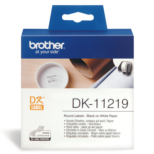 Brother DK11219 DK-11219 Banda etichete rotunde, pretaiate, diametru 12mm, negru / alb, 1200 buc, 4977766634564