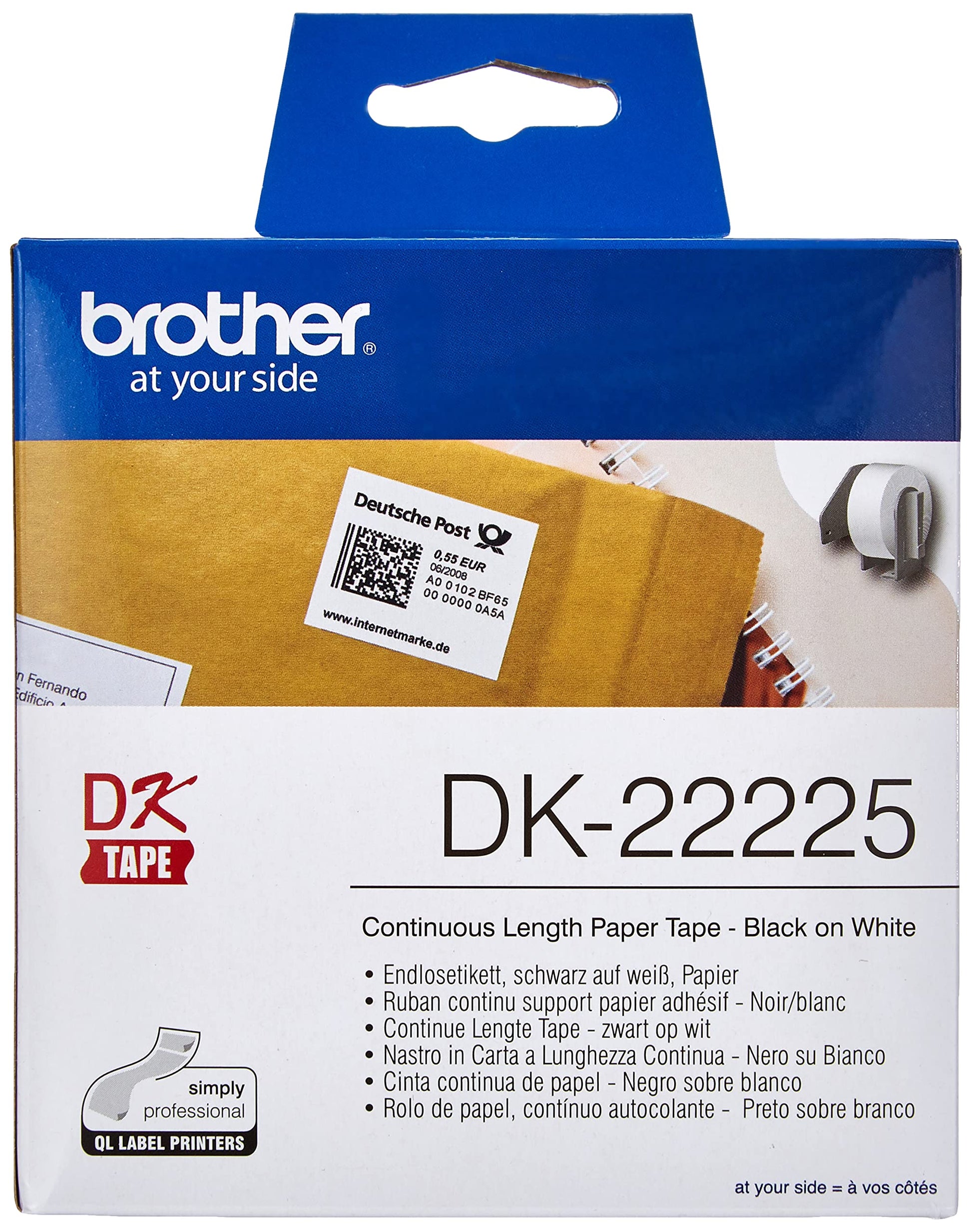 Brother DK22225 DK-22225 Banda continua de hartie 38mm x 30,48 m, negru/alb, 4977766667548