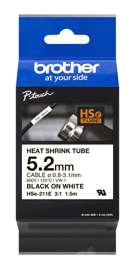 Brother HSE211E HSE-211E Banda cu tub, termocontractibila, negru pe alb , 5.2mm / 1.5m, 4977766822718