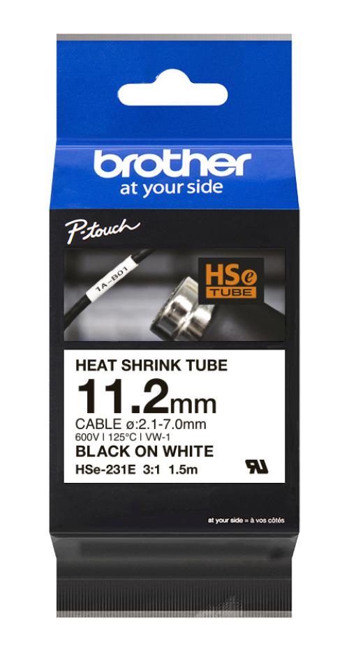 Brother HSE231E HSE-231E Banda cu tub, termocontractibila, negru pe alb ,11.2mm / 1.5m, 4977766822824