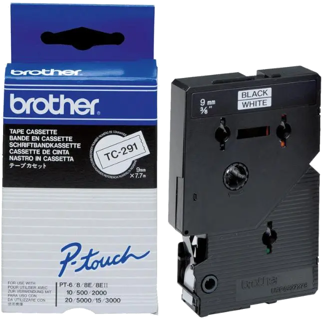 Brother TC291 TC-291 Banda laminata negru pe alb, 12mm/7.7m, 4977766050708