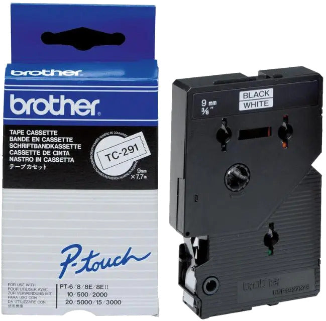 Brother TC291 TC-291 Banda laminata negru pe alb, 12mm/7.7m, 4977766050708