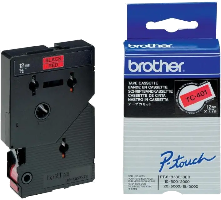 Brother TC401 TC-401 Banda laminata negru pe rosu, 12mm/7.7m, 4977766050593