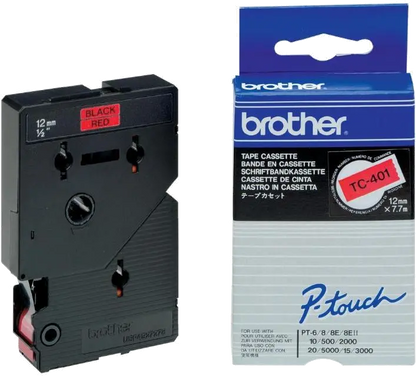 Brother TC401 TC-401 Banda laminata negru pe rosu, 12mm/7.7m, 4977766050593