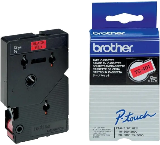 Brother TC401 TC-401 Banda laminata negru pe rosu, 12mm/7.7m, 4977766050593