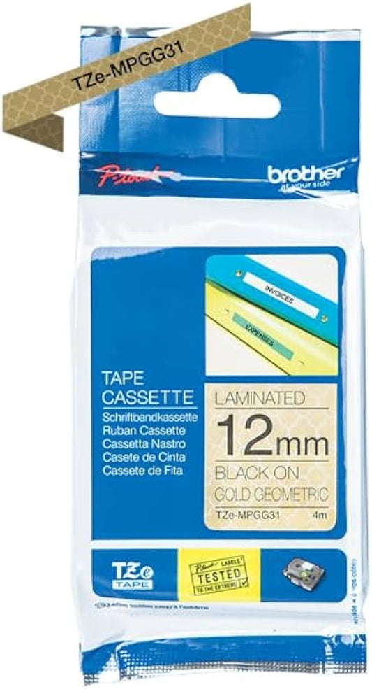 Brother TZEMPGG31 TZE-MPGG31 Banda laminata negru pe auriu geometric, 12mm/4m, 4977766770194