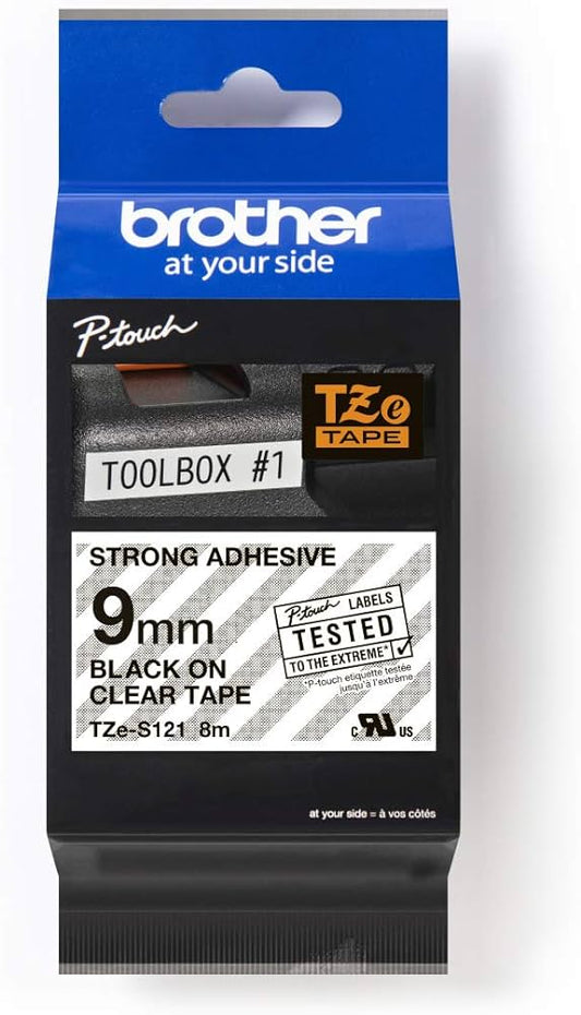 Brother TZES121 TZE-S121 Banda laminata negru pe transparent puternic adeziva, 9mm/8m, 4977766693295