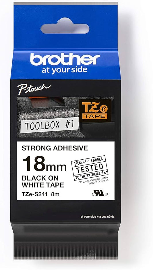 Brother TZES241 TZE-S241 Banda laminata puternic adeziva 18mm / 8m, negru pe alb, 4977766692175